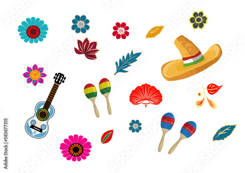 Set of folkloric mexican equal elements. Sombreros, maracas, flowers. Cinco de Mayo