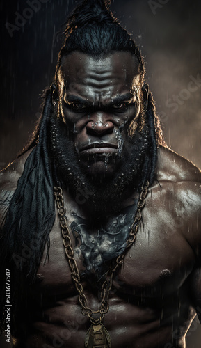 A handsome dark man, a brutal picture of a muscular guy, a great warrior with a menacing look in the rain. Created by generative AI.