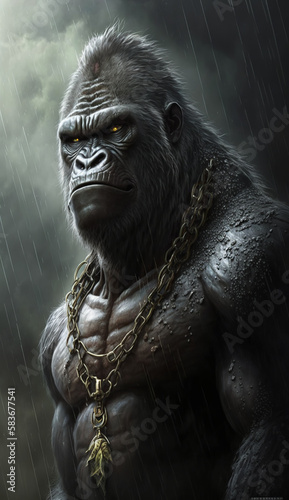 Brutal portrait of a muscular man gorilla  monkey  kin kong with a formidable look in the rain. Created using generative AI.