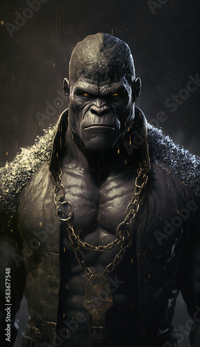 Brutal portrait of a muscular man gorilla, monkey, kin kong with a formidable look in the rain. Created using generative AI. © Ренат Хисматулин