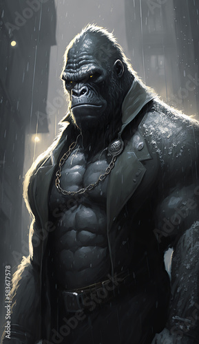 Brutal portrait of a muscular man gorilla, monkey, kin kong with a formidable look in the rain. Created using generative AI.