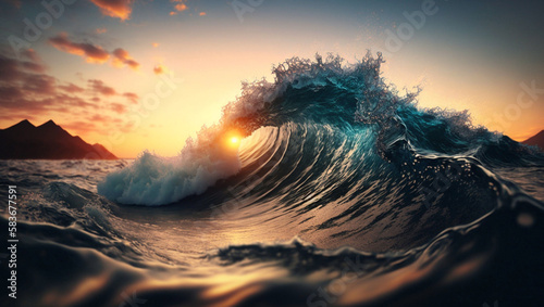 blue sea wave at sunset, Generative AI