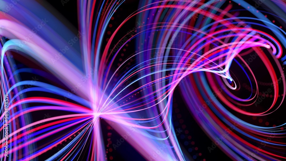 Abstract background with light trails, stream of red blue neon lines in ...