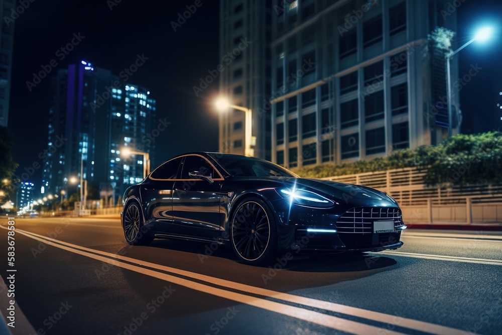 an electric sports car driving through a city at night. generative ai