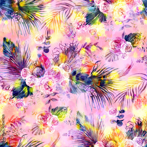 Fototapeta Naklejka Na Ścianę i Meble -  Seamless watercolor pattern with pink rose flowers and tropical palms and branches drawn for textile for textile