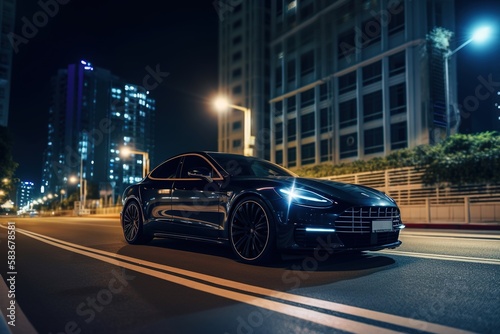 an electric sports car driving through a city at night. generative ai © EOL STUDIOS