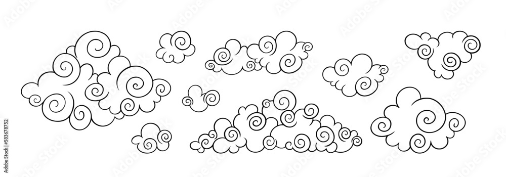 Chinese clouds in curly style. Decorative asian clouds for festive designs. Vector illustration isolated in white background