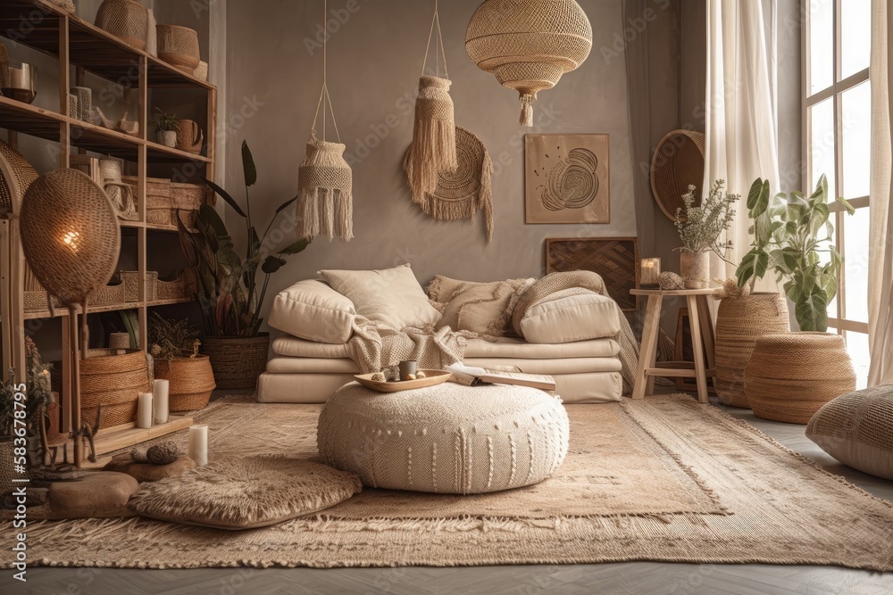Boho and cozy interior of meditation room with beige chaise lounge, carpet,  rattan commode, pillows, side table, decoration, books, carpet and personal  accessories. Warm home decor. Template. Stock Photo