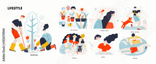 Lifestyle series set - modern flat vector illustrations of people living their lives and engaging in a hobby. People society activities methapors and hobbies concept