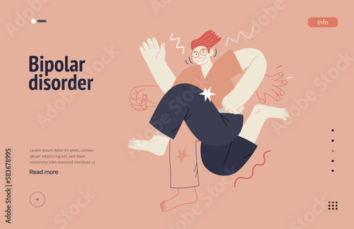 Mental disorders web template. Bipolar disorder - modern flat vector illustration of a man meeting with a mental disease, hyperactivity. People emotional, psychological, mental traumas concept