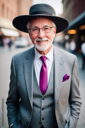 Portrait of an elegant smiling older man in a suit with tie and hat in the city. AI generative © ROMAN DZIUBALO