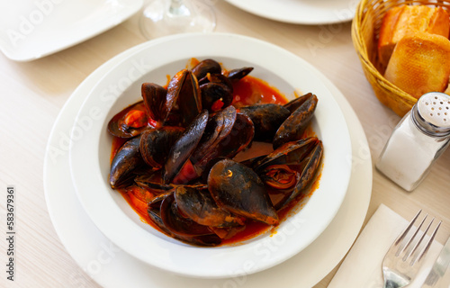 Popular Spanish delicacy with an exquisite taste of mussels a la Marinera, cooked in tomato sauce