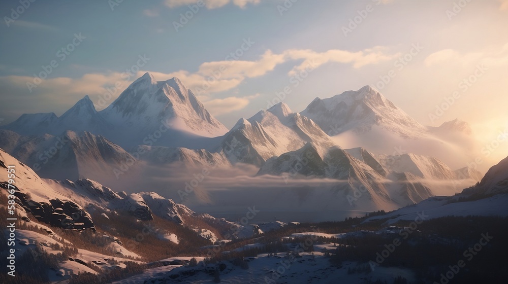 A majestic mountain range covered in snow, with jagged peaks and deep valleys, illuminated by the soft light of the sunrise AI Generative