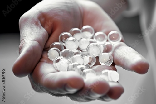 Close-up photograph of medical pills in hands against a white background.