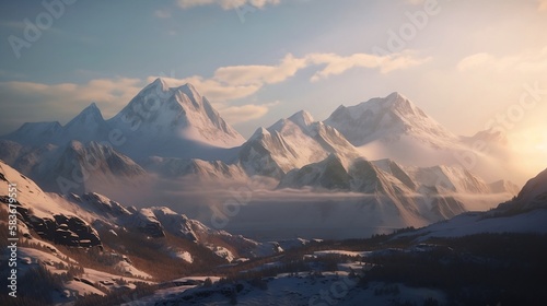 A majestic mountain range covered in snow, with jagged peaks and deep valleys, illuminated by the soft light of the sunrise AI Generative
