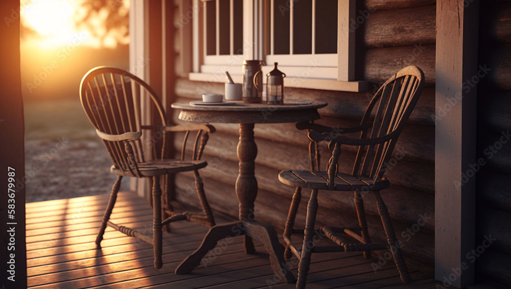 porch with two wooden chairs and a round wooden table, Generative AI