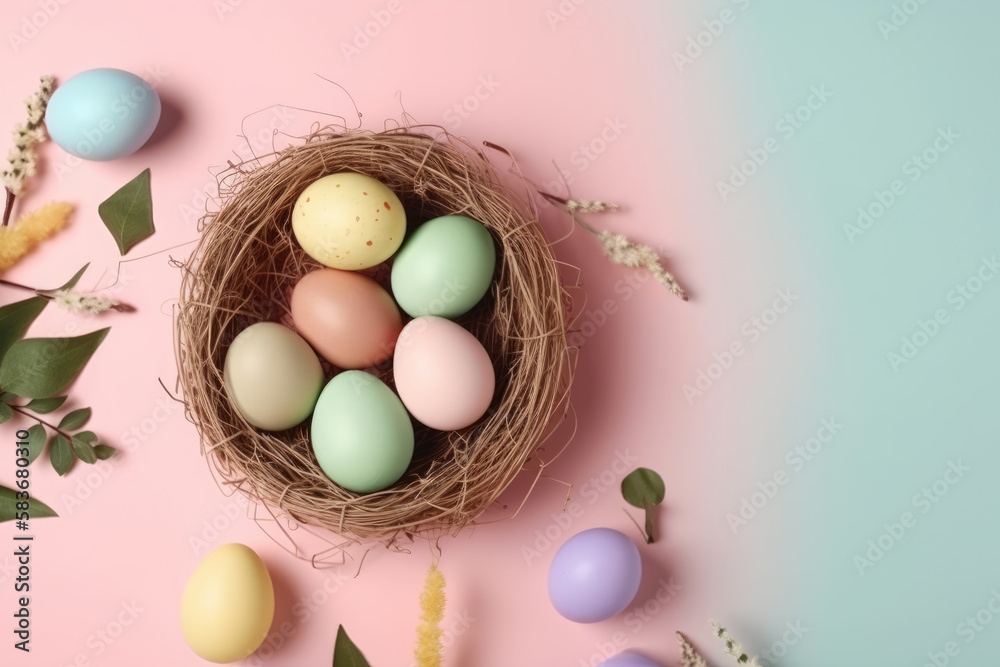 Happy easter! Colourful of Easter eggs in the nest on pastel background. Greetings and presents for Easter Day celebrate time. Flat lay ,top view