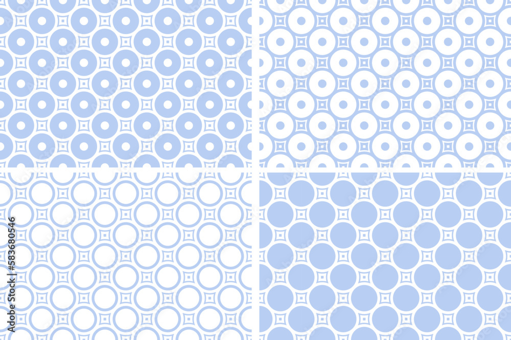 Set of Blue Seamless Geometric Circles Patterns.