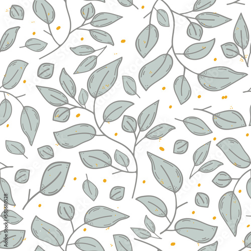 Light and neutral mint green leaves and yellow dots pattern on white background © Saale Studio