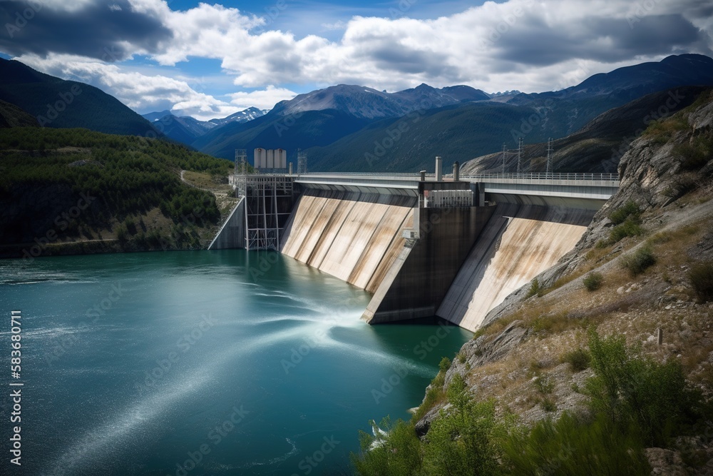 an aerial view of a hydroelectric dam power plant in a mountain landscape, generating electricity. generative ai