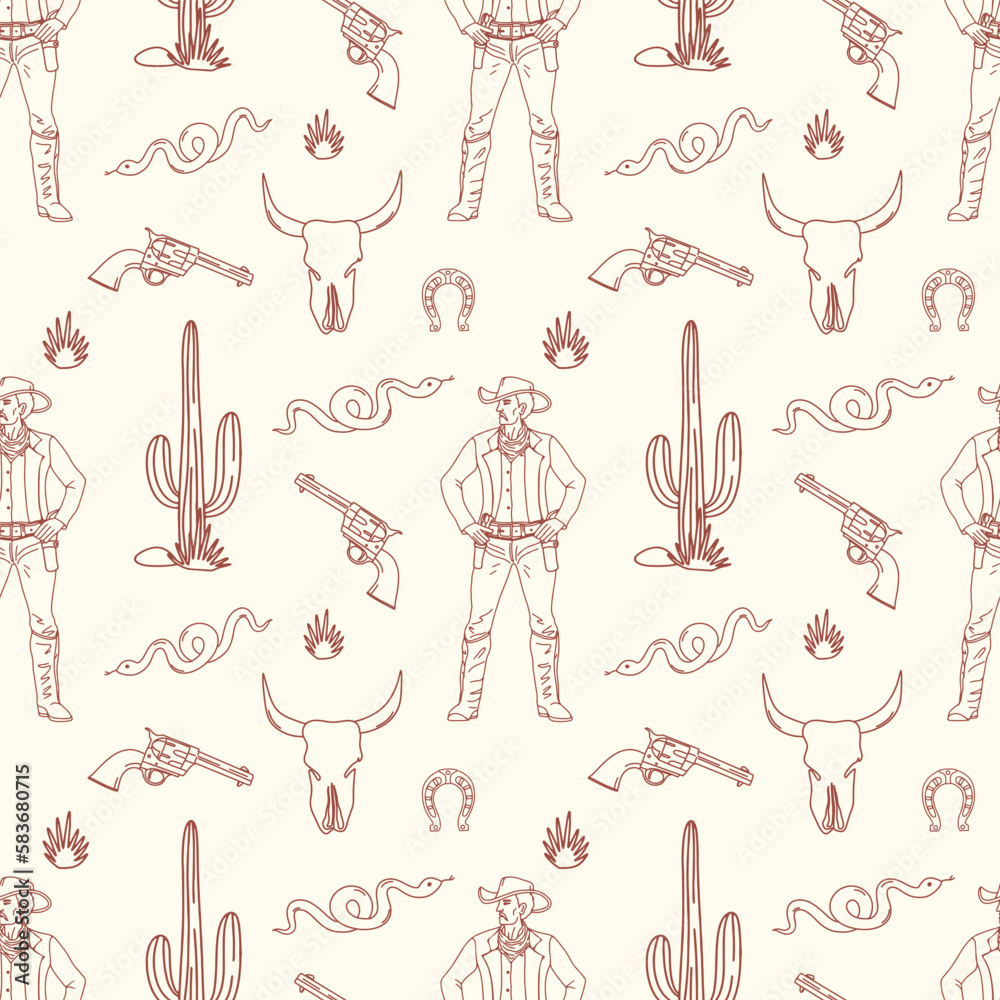 Flat design on the theme of the Wild West, Mexico. Seamless vector pattern, ornament for textiles, packaging