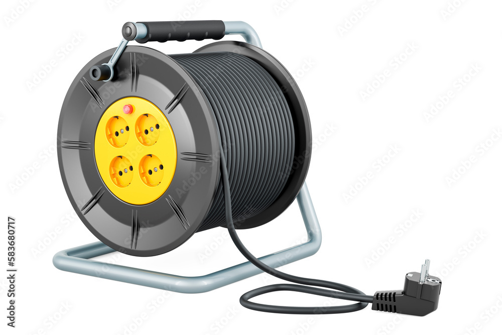 Industrial cable reel, 4 sockets, ergonomic handle. 3D rendering Industrial cable reel, 4 sockets, ergonomic handle. 3D rendering