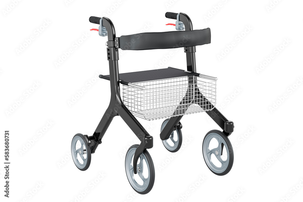 Rollator for elderly, manual and Lockable Brakes with basket, seat and 4 wheels. 3D rendering Rollator for elderly, manual and Lockable Brakes with basket, seat and 4 wheels. 3D rendering