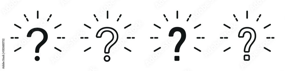 Set of question marks with rays icons. Question mark symbols, help. FAQ support signs. Rays and question mark. Set of question marks with rays icons. Question mark symbols, help. FAQ support signs. Rays and question mark.