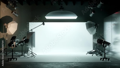 A large and professional photography studio room with lighting equipment. 
