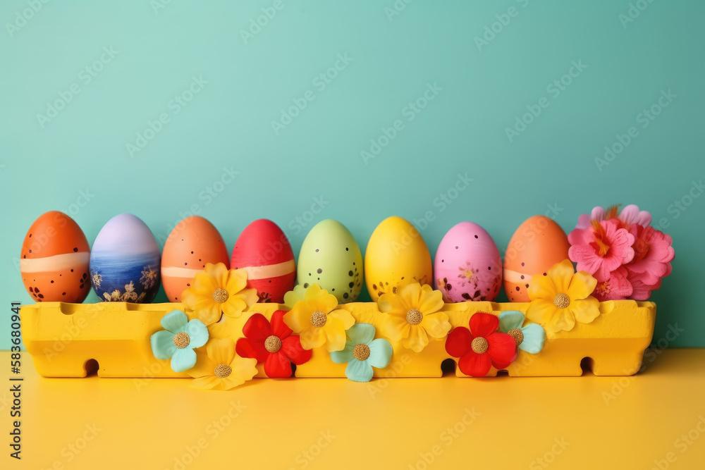 Happy easter! Row Easter eggs with colorful paper flowers on bright yellow wooden background