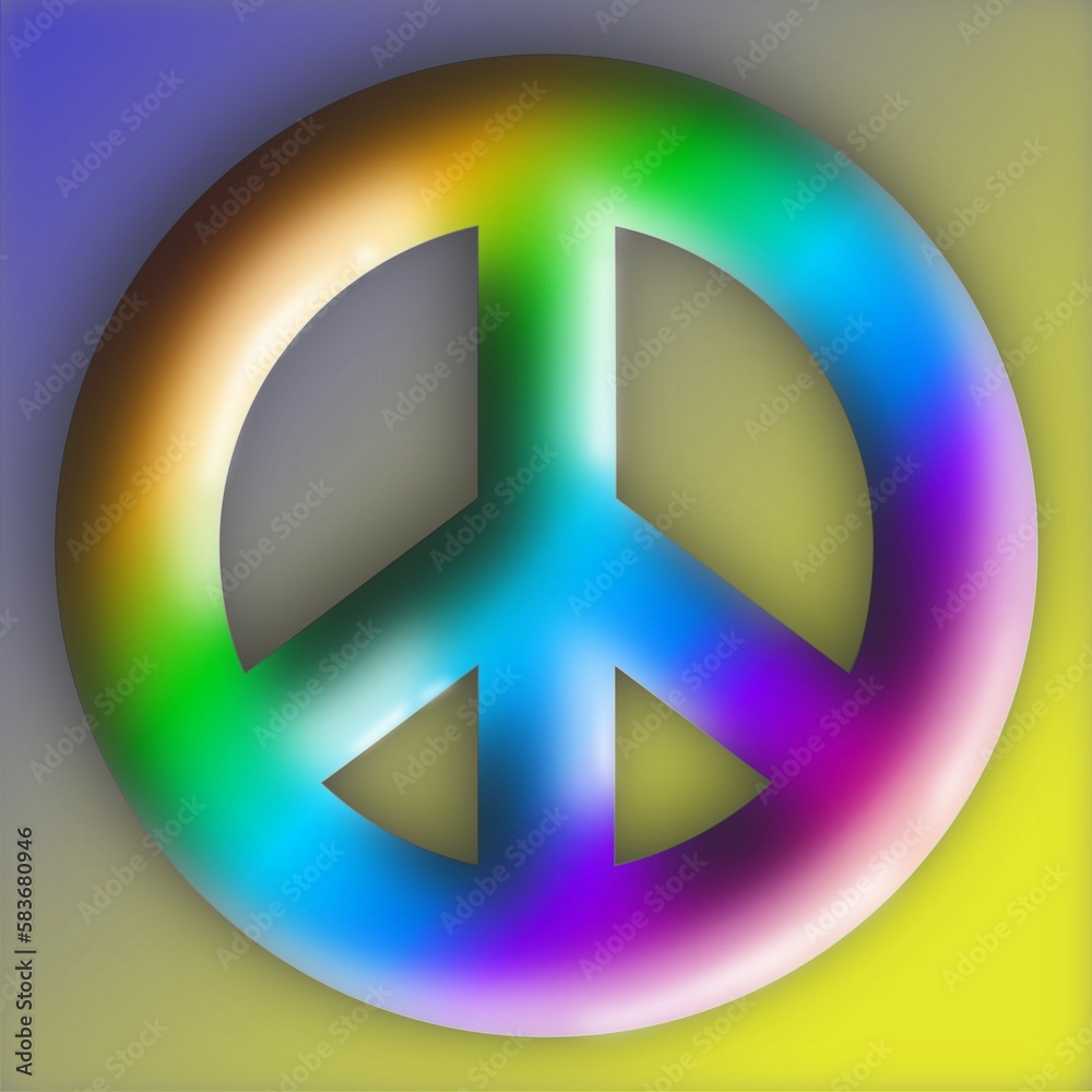 Rainbow-colored Pacific sign on a yellow-blue background, a symbol of peace Rainbow-colored Pacific sign on a yellow-blue background, a symbol of peace