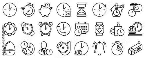 Line icons about time and clocks on transparent background with editable stroke.