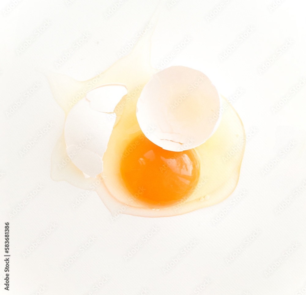 Broken egg on a white background with a shell on top in the square
