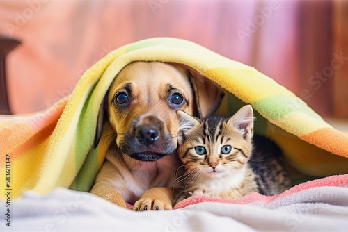 generative ai illustration of a puppy and a kitten under a colorful blanket © Claudia Nass
