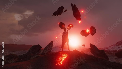 A women elevating rocks with unnatural powers in a wild isolated landscape. Anti-hero super humanoid concept.
