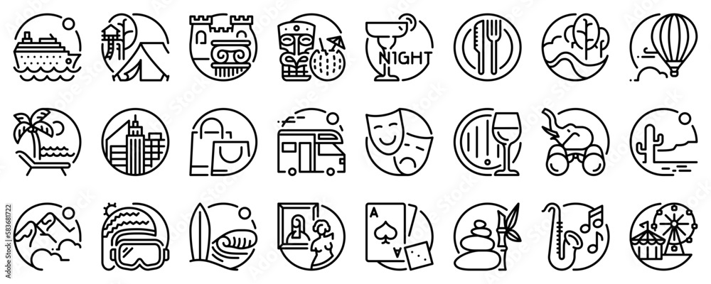 Line icons about tourism on transparent background with editable stroke. Line icons about tourism on transparent background with editable stroke.