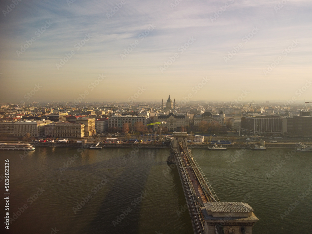 Panoramic view from above on landmarks of Budapest at summer sunset, Hungary