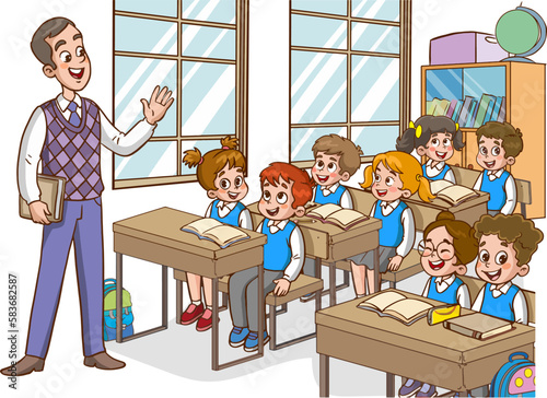 
Illustration with kids and teacher in a classroom. Education illustration. Vector interior. Teacher with pupils in a classroom. Primary school kids. Children listen to teacher.