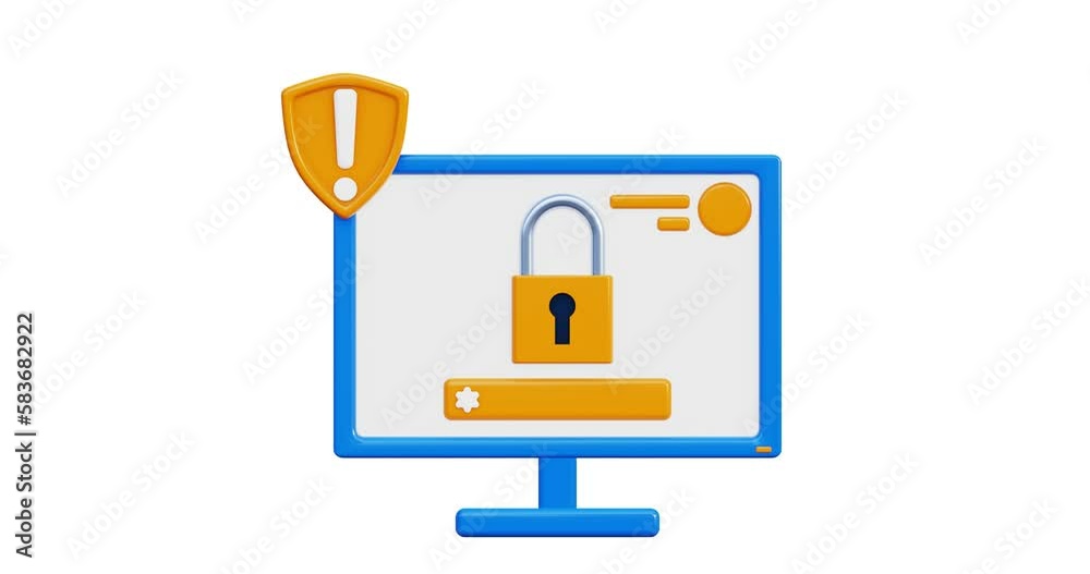 3d icon animation. Computer monitor icon with a lock on the display. protection of personal information. Hide secret files. Device lock, password entry. 3D rendering, 4k animation in cartoon style..