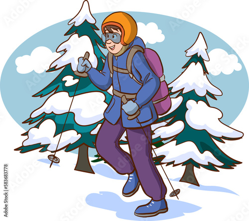 Male character is hiking alone in winter. Man warm clothes is hiking outdoors with mountains at the background. Cheerful man is climbing up the mountain. Flat cartoon vector illustration