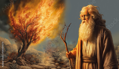 Fotografie, Obraz Moses and burning bush. Ai generated illustration.