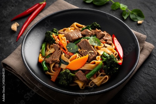 illustration  stir-fried noodles with meat and vegetables  ai generative