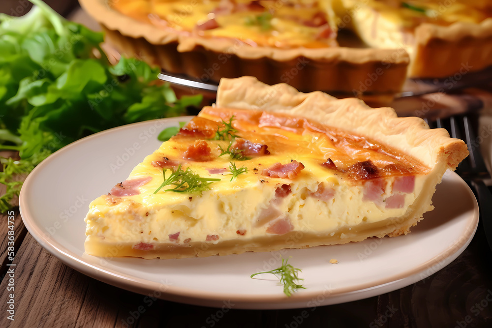 Quiche Lorraine - France - Pastry crust, eggs, bacon, Gruyere cheese, heavy cream, nutmeg (Generative AI)