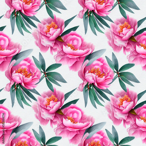 background with painted beautiful peonyes. Watercolor floral seamless pattern. © Vero
