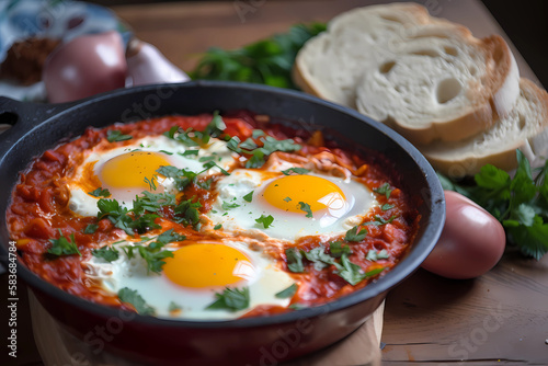 Shakshuka - Israel - Eggs, tomatoes, onions, bell peppers, cumin (Generative AI)