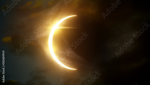 The moon about to pass in front of the sun creating a total solar eclipse. Illustration