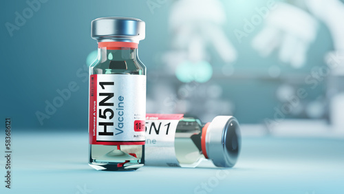 A vaccine vial of H5N1,  avian influenza disease vaccination development concept. 3D illustration.