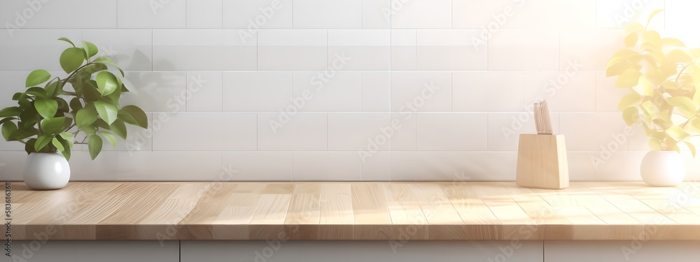 Modern kitchen countertop mockup, wood countertop with blank wall for product placings, generative ai illustration Modern kitchen countertop mockup, wood countertop with blank wall for product placings, generative ai illustration