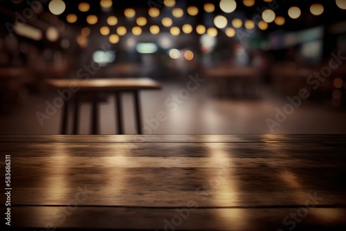 Wooden tabletop in the background of a blurry night bar, pub, cafe or restaurant, generative ai