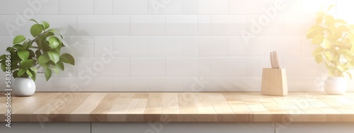 Modern kitchen countertop mockup, wood countertop with blank wall for product placings, generative ai illustration